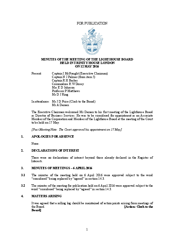 MINUTES OF LIGHTHOUSE BOARD MEETING - 12 MAY 2016 - FOR PUBLICATION.pdf