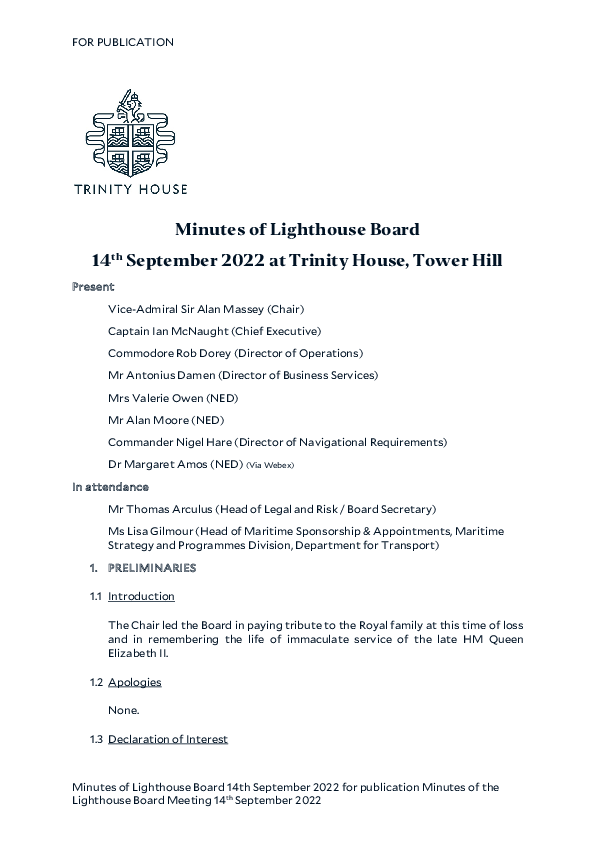 Minutes of Lighthouse Board 14 September 2022